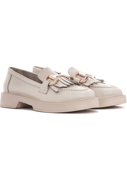 Kadın Krem Püsküllü Deri Casual Loafer 25SFD220018