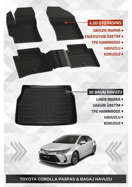 Toyota Corolla Sedan 2019-2025 Uyumlu 4.5D Premium Havuzlu Oto Paspas ve LİNER Marka 3D Bagaj Havuzu Seti - Corolla