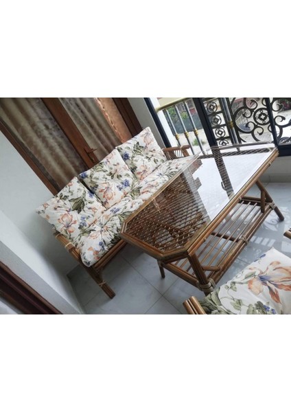 Nivemeshome 5 Kişilik Minderli Bambu Oturma Seti (3+1+1+Sehpa)