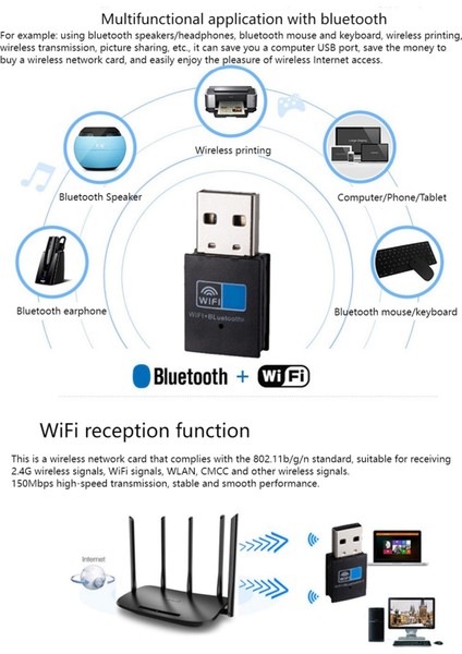 USB Wifi Bluetooth Adaptörü, Bluetooth 4.2 150MBPS Wifi Dongle Ağ Kartı, Wifi Bluetooth Alıcı Verici (Yurt Dışından)