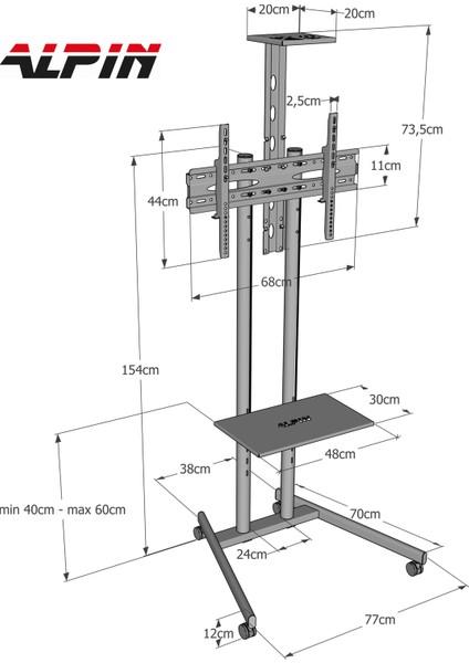 TV/Fuar ve Toplantı Odası Standı Video Kamera Askı Aparatlı Metal Ayaklı TV Sehpası/Ünitesi 40” inç – 75” inç