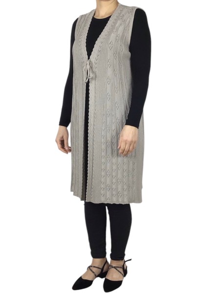 Kadın Alta Doğru Volanlı Önden Bağcıklı Uzun Merserize Yelek