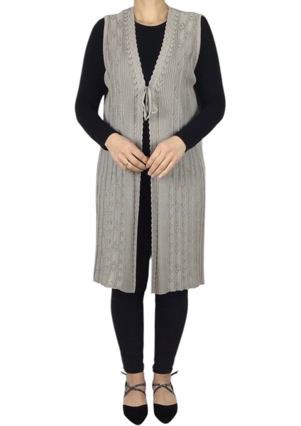 Kadın Alta Doğru Volanlı Önden Bağcıklı Uzun Merserize Yelek modelleri