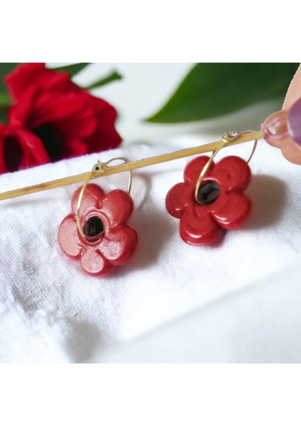 Kırmızı Murano Çiçek Tasarım Küpe