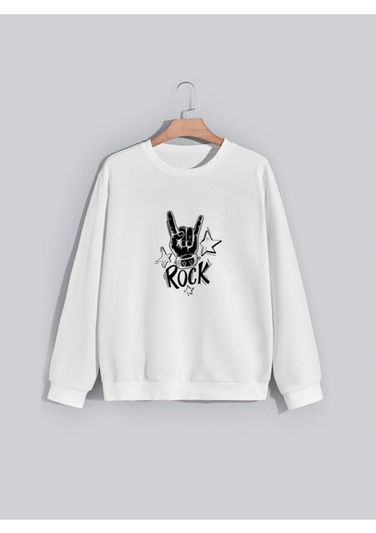 Rock On Roll Baskılı Bisiklet Yaka Kapşonsuz Normal Kalıp Beyaz Sweatshirt