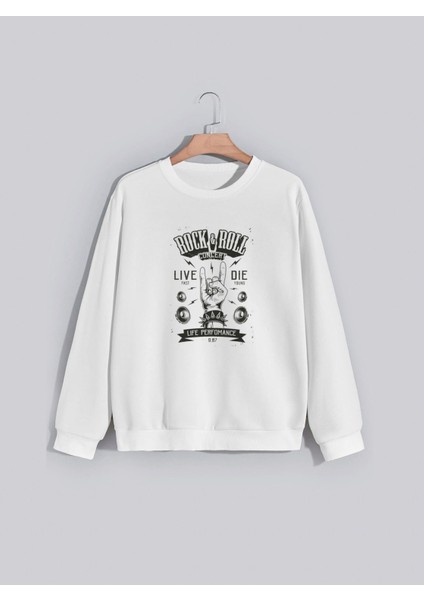 Rock On Roll Baskılı Bisiklet Yaka Kapşonsuz Normal Kalıp Beyaz Sweatshirt