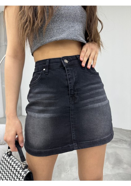 Eskitme Soluk Efekt Vintage Yüksek Bel Mini Denim Etek