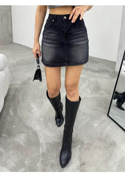 Eskitme Soluk Efekt Vintage Yüksek Bel Mini Denim Etek fırsatları