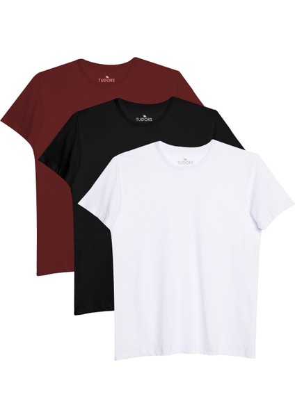 Unisex 3'lü Paket Siyah-Beyaz-Bordo Rengi Slim Fit Dar Kesim Pamuk Bisiklet Yaka Tişört