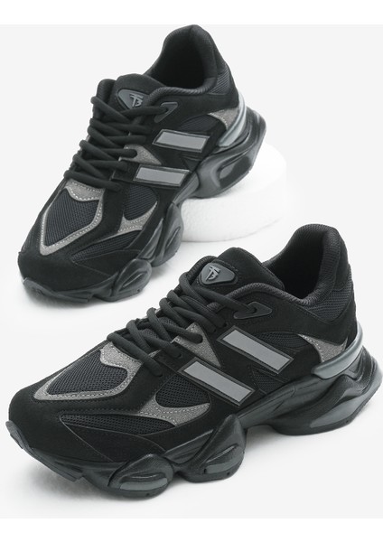 Unisex Siyah Poli Taban Anorak Desenli Yüksek Taban Bağcıklı Spor Ayakkabı