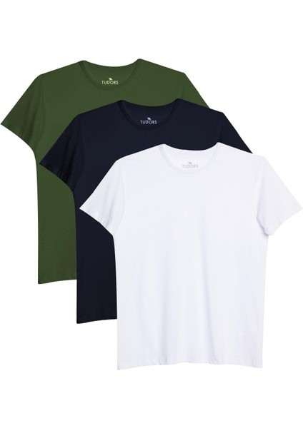 3'lü Paket Lacivert-Beyaz-Haki Rengi Slim Fit Dar Kesim Pamuk Bisiklet Yaka Tişört