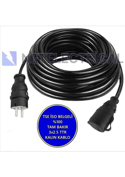 Kauçuk Tekli Seyyar Uzatma Kablosu - 3x2.5 Ttr Kalın Kablo Siyah - 22 Metre (Elektrikli Araç Şarjı ve Karavan İçi Kullanım)