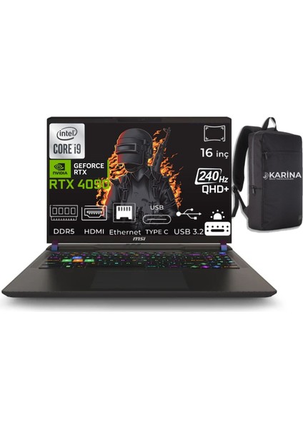 Msı Vector 16 Hx Intel Core I9 14900HX A14VIG-825XTR-47 64GB 4tb Rtx 4090 16GB Windows 11 Pro 16" Qhd+ 240Hz Taşınabilir Bilgisayar & A14VIG825XTRK47