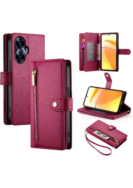 Realme C55 Kickstand Cüzdan Bölmesi Bilek Kayışı Kartı Için Flip Case (Yurt Dışından)