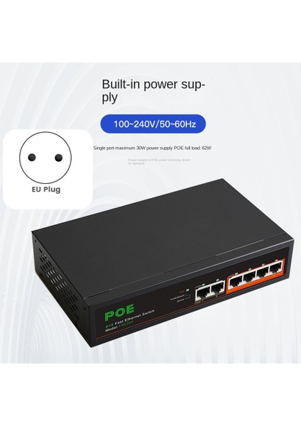 Portlu Poe Anahtarı 4-Poe+2 Up-Link 100MBPS Hızlı Ethernet Ağı Ev Ağı Hub Adaptör Serisi Power Connect-Ab Fişi (Yurt Dışından)