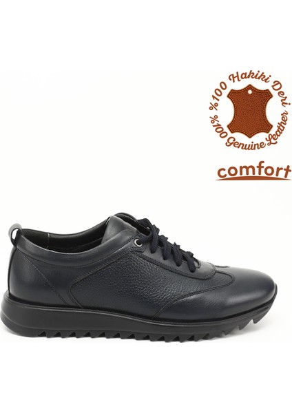 Erkek Lacivert Hakiki Deri Bağcıklı Sneaker