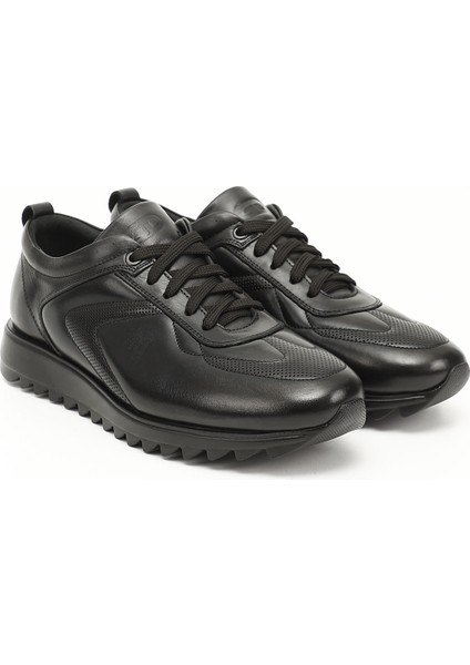 Erkek Siyah Hakiki Deri Bağcıklı Sneaker