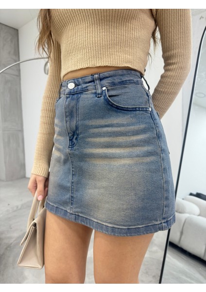 Eskitme Soluk Efekt Vintage Yüksek Bel Mini Denim Etek fırsatları