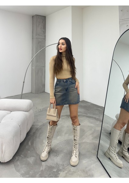Eskitme Soluk Efekt Vintage Yüksek Bel Mini Denim Etek indirimleri