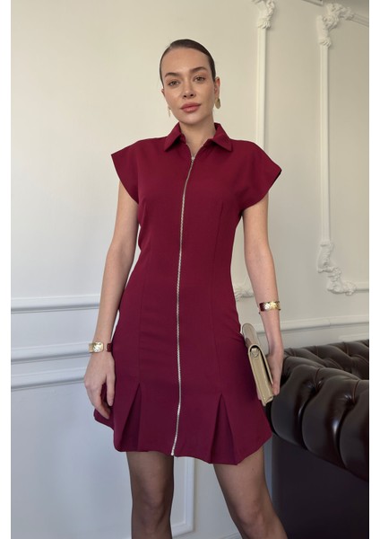 Sıfır Kol Yakalı Marka Elbise- Bordo
