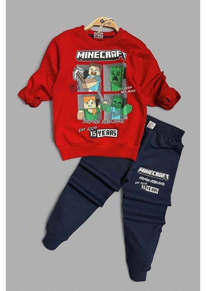 Minecraft Desenli Kırmızı Renk Erkek Çocuk Eşofman Takım