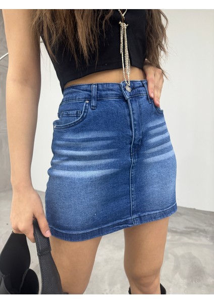 Eskitme Soluk Efekt Vintage Yüksek Bel Mini Denim Etek