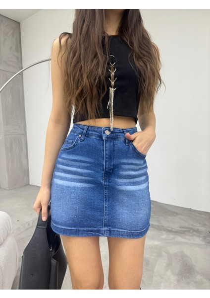 Eskitme Soluk Efekt Vintage Yüksek Bel Mini Denim Etek fiyatları
