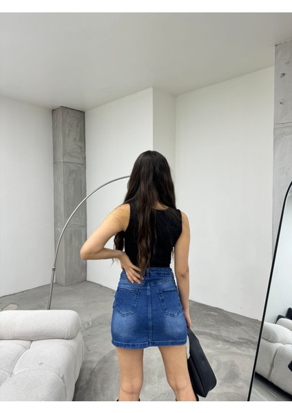 Eskitme Soluk Efekt Vintage Yüksek Bel Mini Denim Etek modelleri