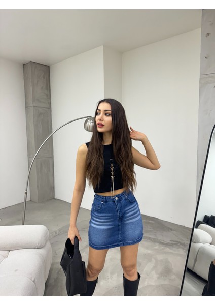 Eskitme Soluk Efekt Vintage Yüksek Bel Mini Denim Etek indirimleri