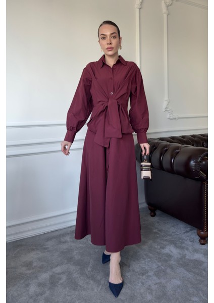 Kuşaklı Uzun Poplin Elbise- Bordo