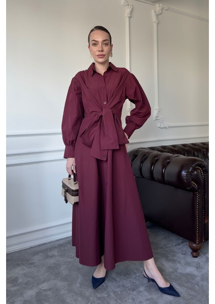 Kuşaklı Uzun Poplin Elbise- Bordo modelleri