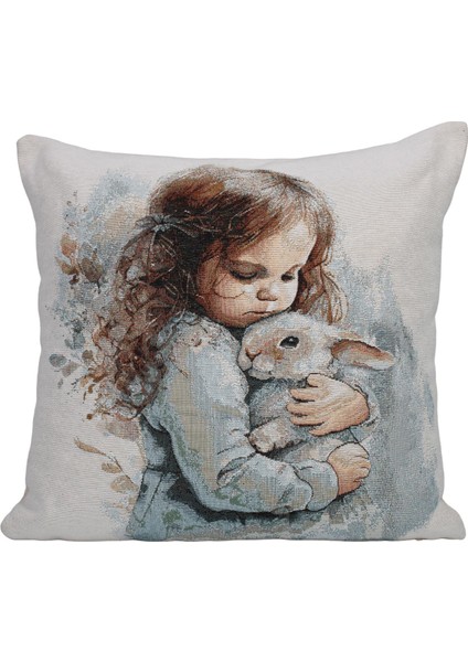 Belıeve Bunny Gırl Jakarlı Dokuma Goblen Dekoratif Kırlent 45*45