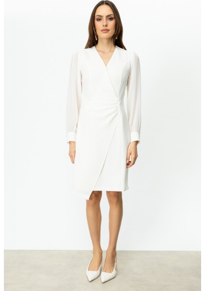 Kadın Kruvaze Yaka Kolları Tül Elbise 5056 Ekru