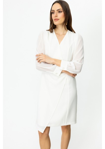 Kadın Kruvaze Yaka Kolları Tül Elbise 5056 Ekru fiyatları