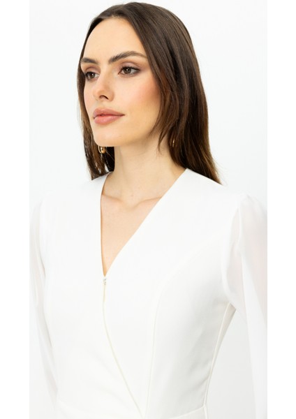 Kadın Kruvaze Yaka Kolları Tül Elbise 5056 Ekru modelleri