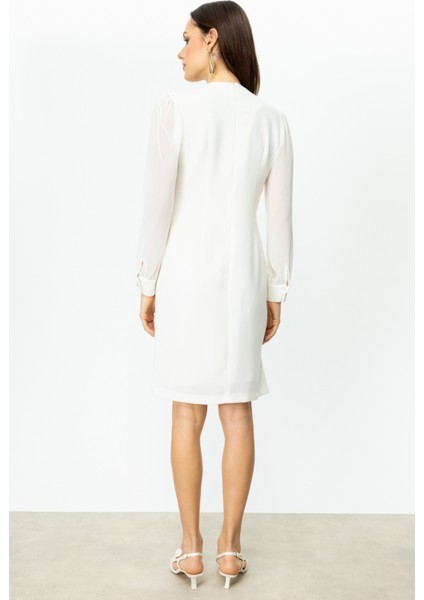 Kadın Kruvaze Yaka Kolları Tül Elbise 5056 Ekru fırsatları