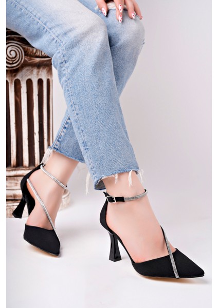 BA04148 Siyah Kadın Saten Ön Taşlı Abiye Topuklu Ayakkabı - Siyah Süet - 37