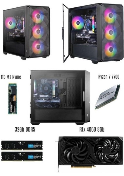 RMT2402 Ryzen 7 7700 / Rtx 4060 / 32GB Ddr5 Ram / 1tb M2 Masaüstü Oyuncu Bilgisayarı