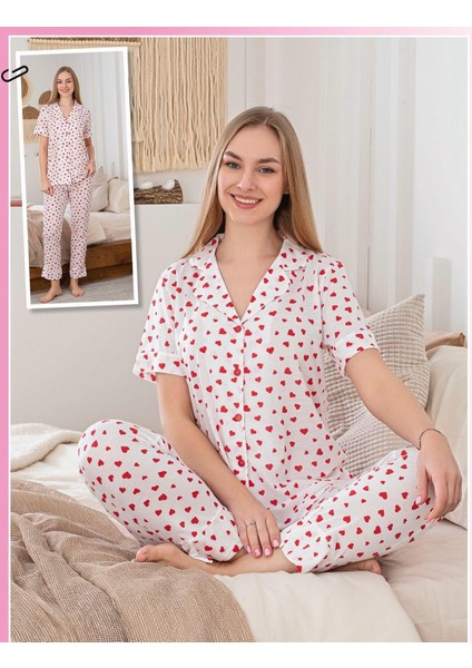 Beyaz Kırmızı Kalpli Kısa Kollu, Altı Uzun, Düğmeli,pijama Takımı