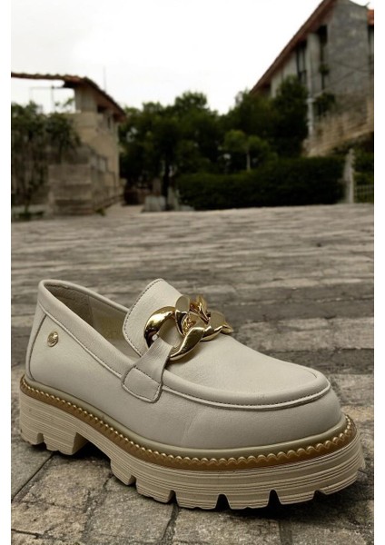 D25YA-3690 Krem Kadın Loafer Deri Tam Ortopedik Casual Günlük Ayakkabı