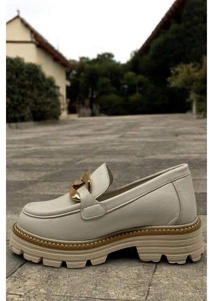 D25YA-3690 Krem Kadın Loafer Deri Tam Ortopedik Casual Günlük Ayakkabı modelleri