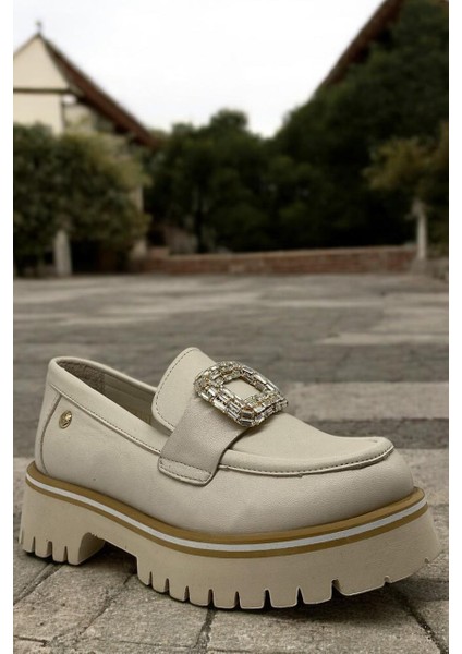 D25YA-3855 Krem Kadın Loafer Deri Tam Ortopedik Casual Günlük Ayakkabı