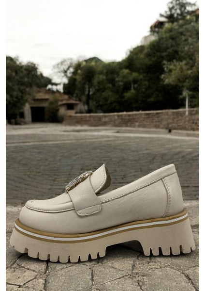 D25YA-3855 Krem Kadın Loafer Deri Tam Ortopedik Casual Günlük Ayakkabı modelleri