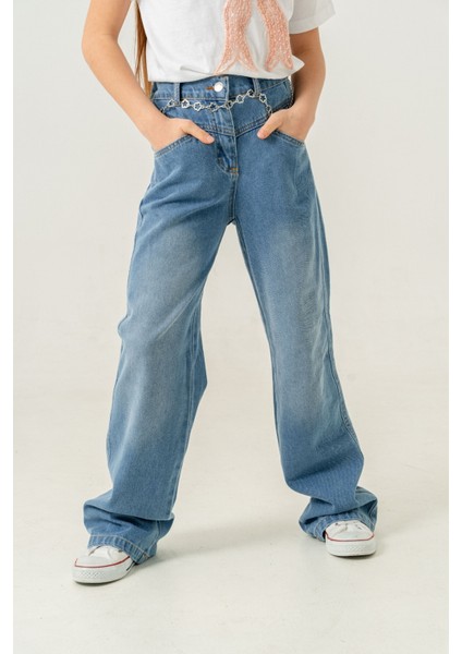 Kız Çocuk Paça Katlı Kot Pantolon 2184