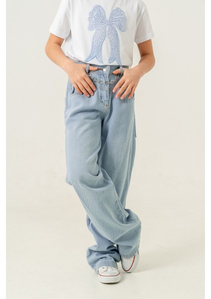 Kız Çocuk Paça Katlı Kot Pantolon 2184