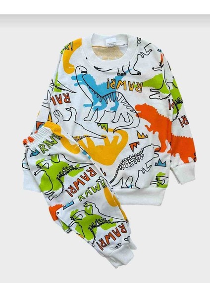Erkek Çocuk Beyaz Mevsimlik Dinazor Desenli Uzun Kollu Pijama Takımı