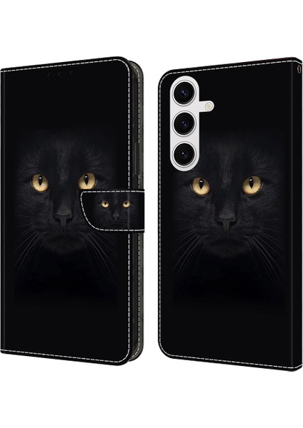 Samsung Galaxy S24 Fe Kılıf Manyetik Toka 3D Desenli Deri Cüzdan Telefon Kapağı-Siyah Kedi (Yurt Dışından)