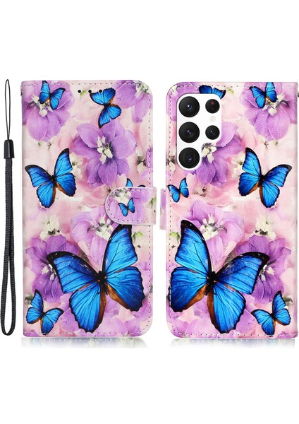 Samsung Galaxy S25 Ultra Kılıf Desenli Deri Cüzdan Telefon Kılıfı Kart Tutuculu-Mor Çiçek (Yurt Dışından)
