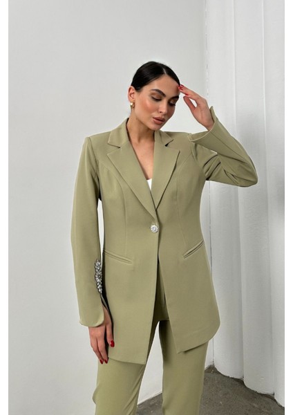 Kadın Ikili Takım Taş Detaylı Boru Paça Blazer Ceket Pantolon Takım