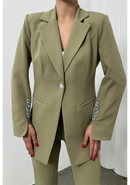 Kadın Ikili Takım Taş Detaylı Boru Paça Blazer Ceket Pantolon Takım